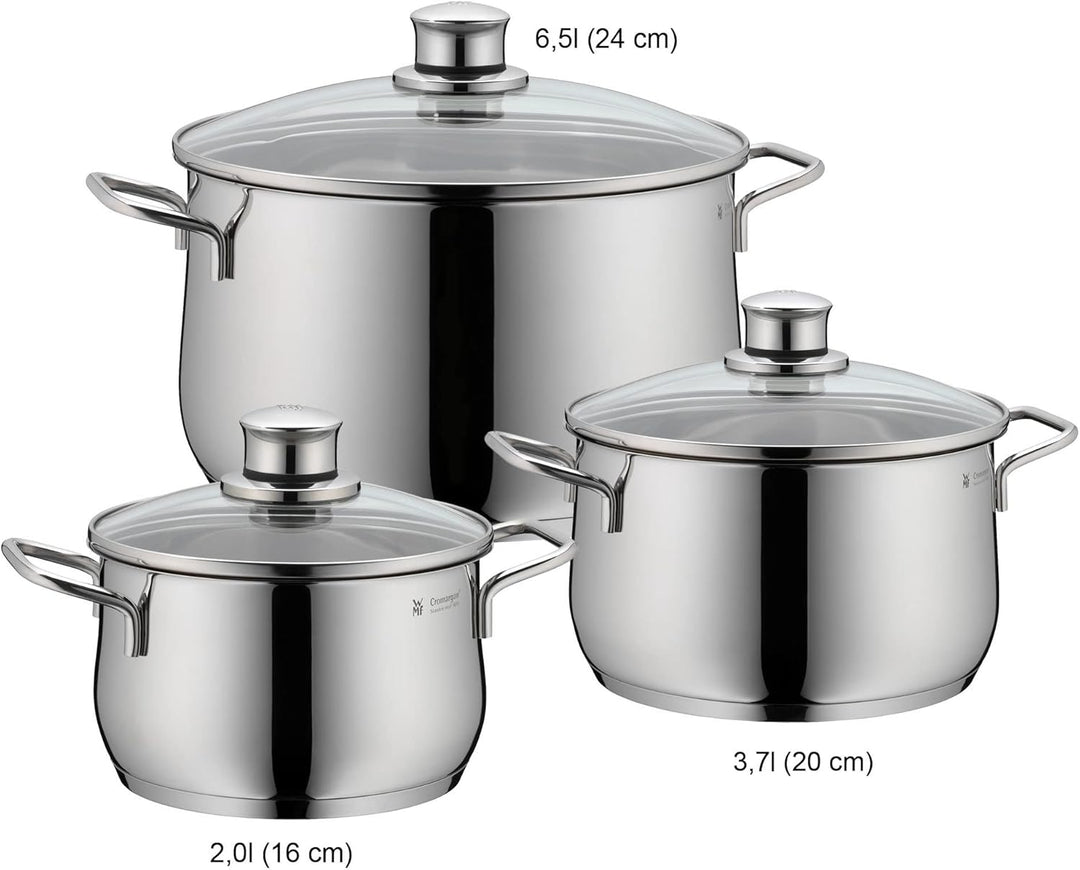 WMF Diadem Plus Topfset Induktion 3-teilig, Kochtopf Set mit Glasdeckel, Cromargan Edelstahl poliert
