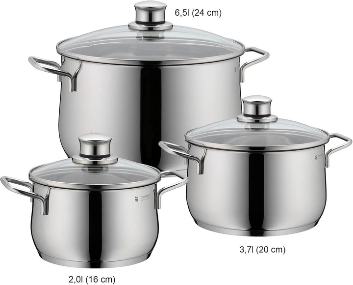 WMF Diadem Plus Topfset Induktion 3-teilig, Kochtopf Set mit Glasdeckel, Cromargan Edelstahl poliert