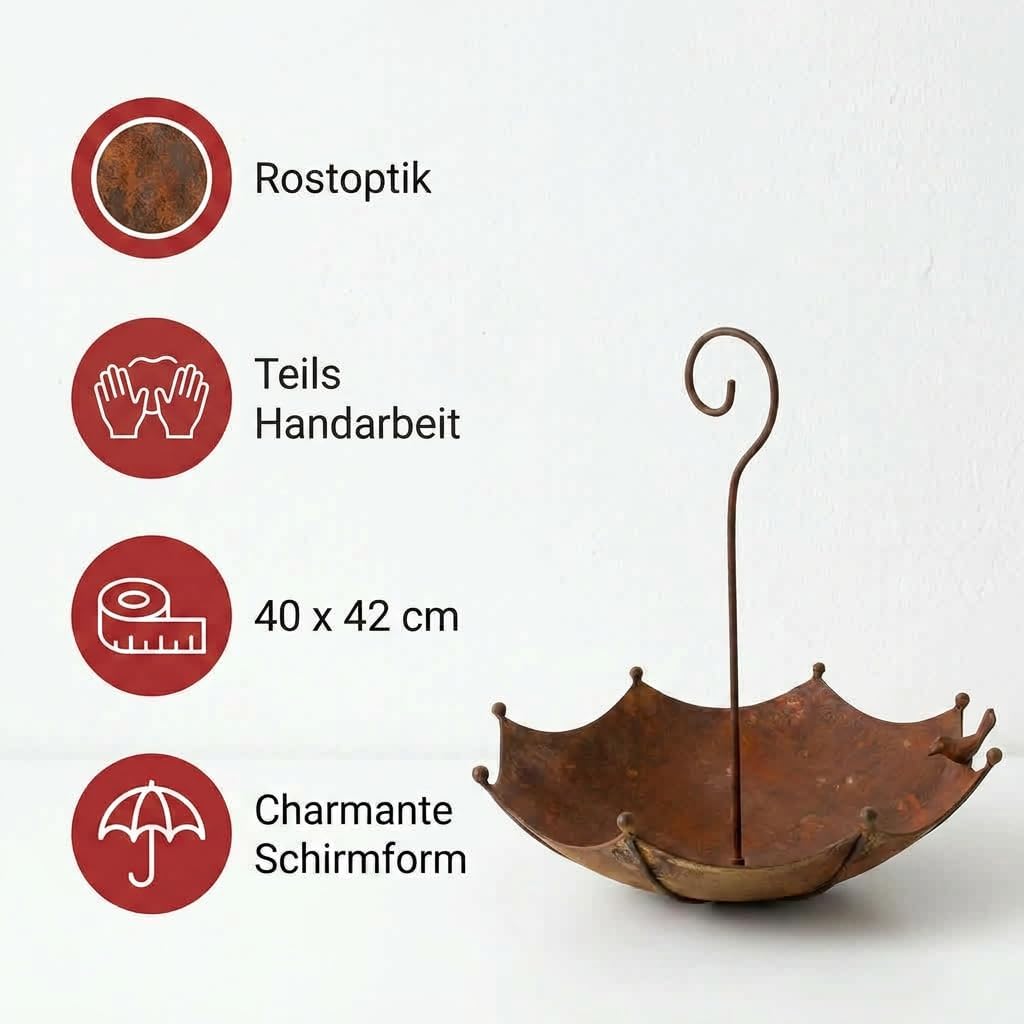 FRANK FLECHTWAREN Vogeltränke Schirm Ø40 x 42 cm Vogelbad Gartendeko Metall Rostoptik handgefertigt