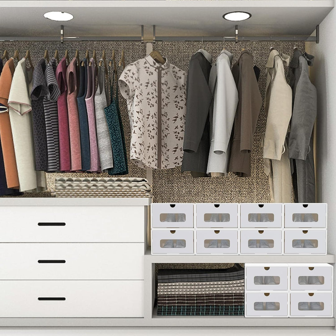 10x Schuhboxen Stapelbar Kraftpapier Schuhaufbewahrung Aufbewahrungsbox mit Deckel und Transparent S