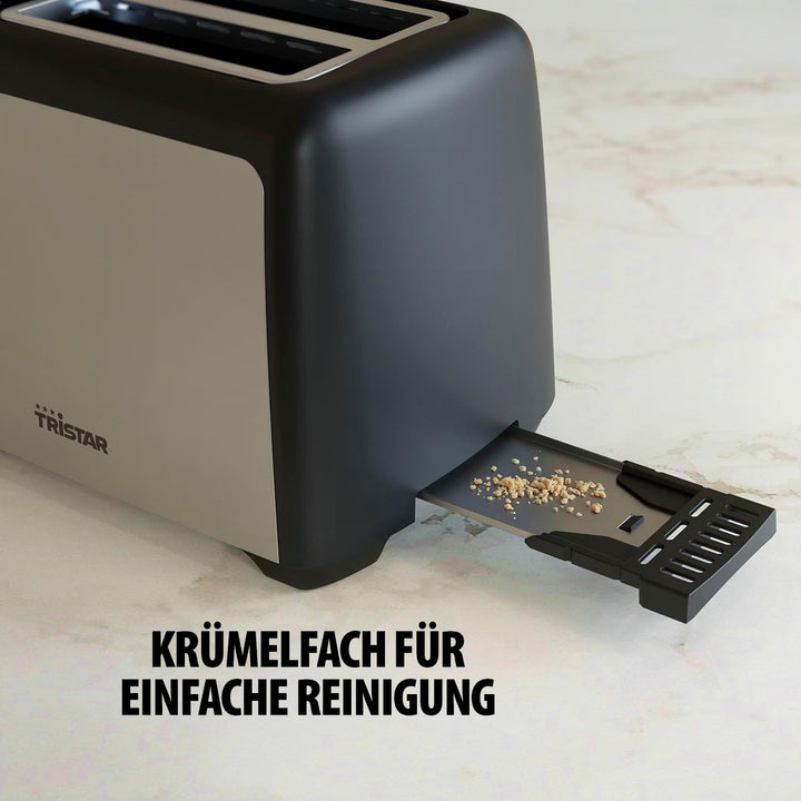 Tristar Edelstahlstahl-Toaster, 2 Scheiben Kapazität, 800W, 7 Bräunungsstufen, Auftauen- und Aufwärm
