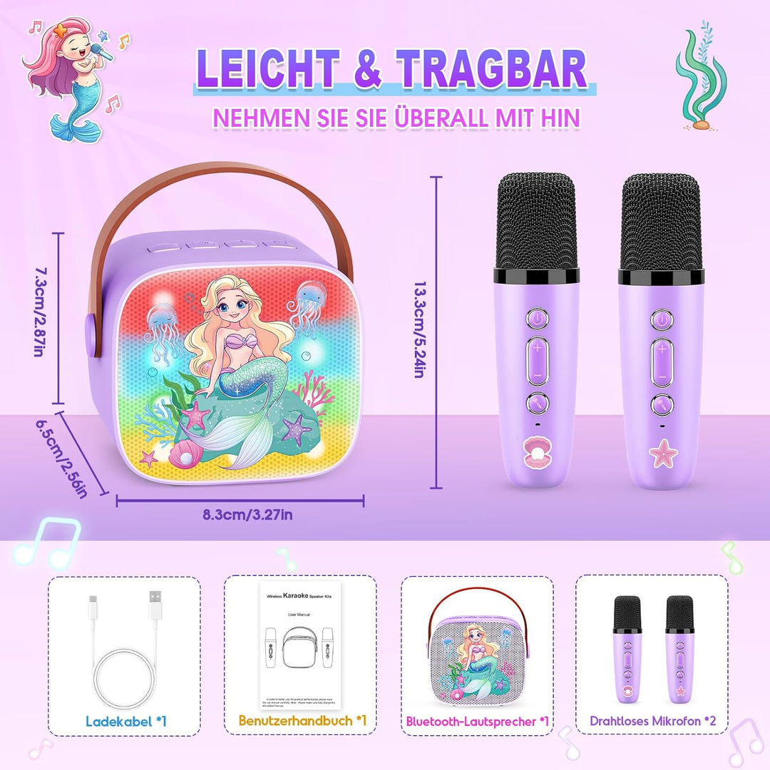 Dislocati Karaoke Maschine Kinder mit 2 Bluetooth Mikrofon, Meerjungfrauen Geschenke Spielzeug ab 3-