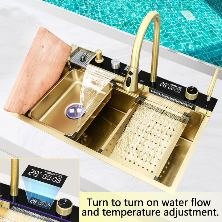 BIGYOUZI Schwarzes Spüle mit Ausziehbare Wasserhähne und Wasserfall Spüle Küche mit Gemüse Und Gesch