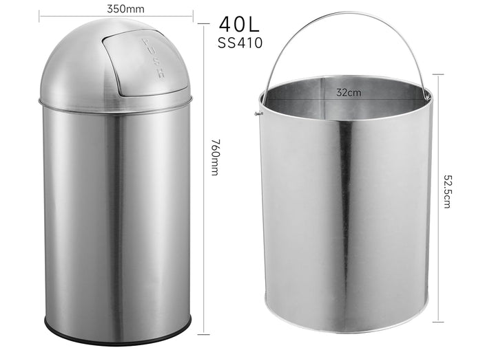 aro Push-Abfalleimer, rund, 40 L, Edelstahl, mit 1 Inneneimer, ideal für Büro