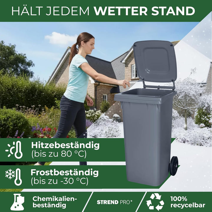 STREND PRO Mülltonne 120L Grau | Grosse Tonne für Restmüll &amp; Haushalt | Mülleimer mit Deckel &amp; Räder