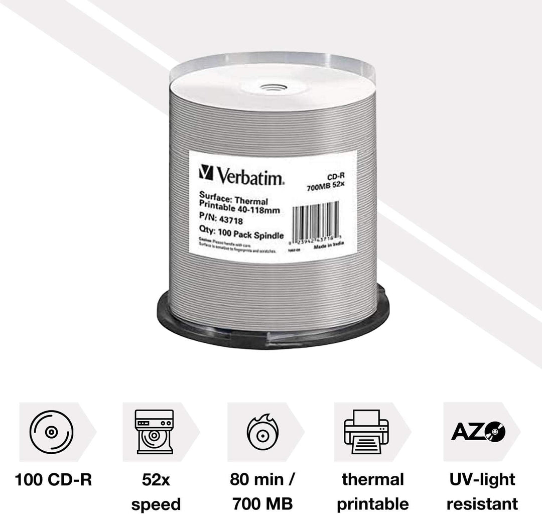 Verbatim CD-R DataLifePlus 700 MB, 100er Pack Spindel, CD Rohlinge beschreibbar, 52-fache Brenngesch