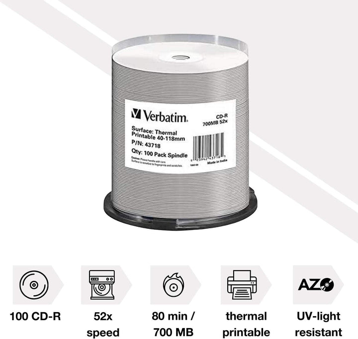 Verbatim CD-R DataLifePlus 700 MB, 100er Pack Spindel, CD Rohlinge beschreibbar, 52-fache Brenngesch