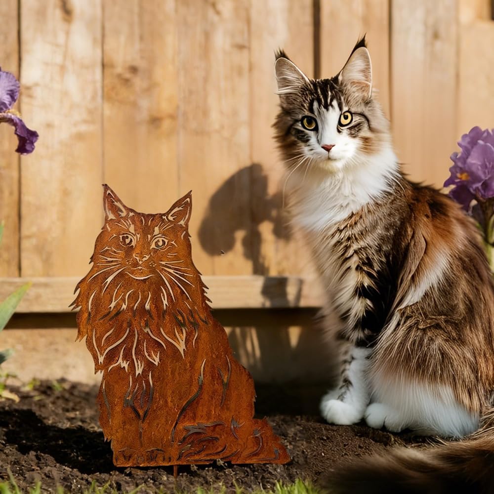 Gartenstecker Rost Katzen, Maine Coon Katze Gartendeko Rost, Gartenstecker Metall, Gartendeko Katze