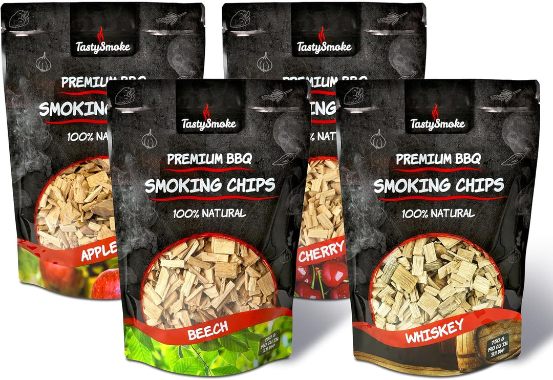 Hochwertige Räucherchips 4er Set – Naturbelassene Holzchips aus Apfel, Buche, Kirsche & Eiche – Perf