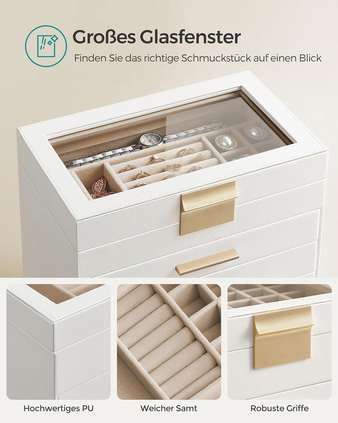 SONGMICS Schmuckkästchen, Schmuckkasten mit 6 Ebenen, Schmuckbox mit Glasdeckel, 5 Schubladen, für S