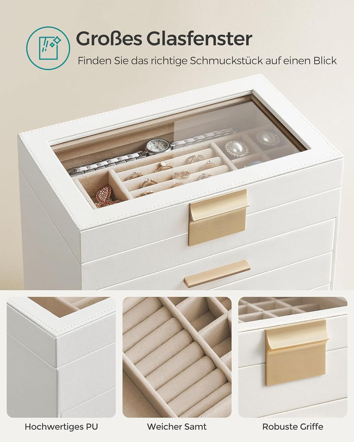 SONGMICS Schmuckkästchen, Schmuckkasten mit 6 Ebenen, Schmuckbox mit Glasdeckel, 5 Schubladen, für S