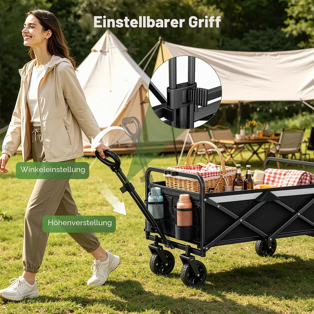 Bollerwagen Faltbar 70L/70KG Tragkraft – mit Bremsen, Handwagen mit Klappbarem Griff &amp; Abnehmbaren R