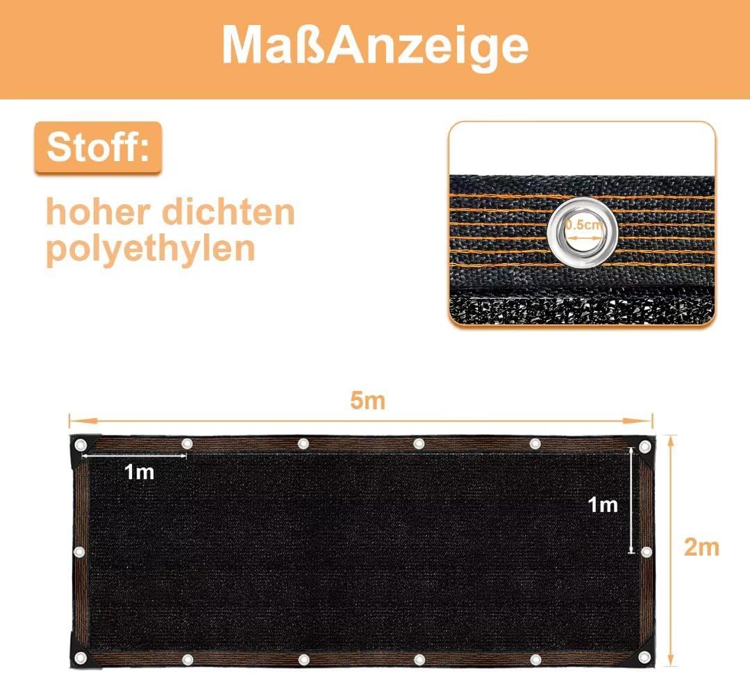 Schattiernetz-mit-ösen-2x5m, Schwarze Garten Sonnenschutz Netz Terrasse 70% Shading Rate UV-Beständi