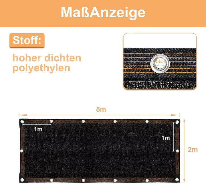 Schattiernetz-mit-ösen-2x5m, Schwarze Garten Sonnenschutz Netz Terrasse 70% Shading Rate UV-Beständi