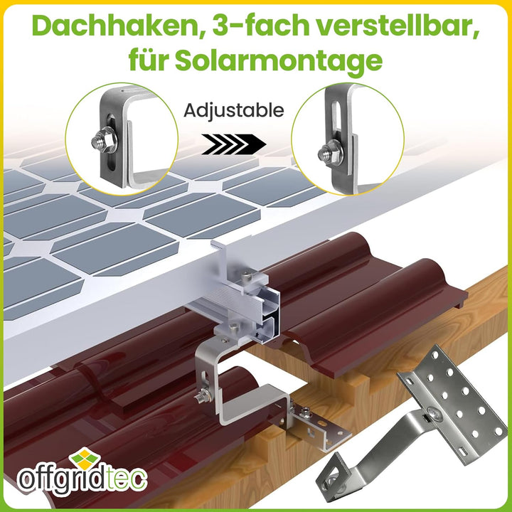 10 Stk. Offgridtec© Edelstahl Dachhaken 3-fach verstellbar Dachziegel Frankfurter Pfanne, 10 Stk.