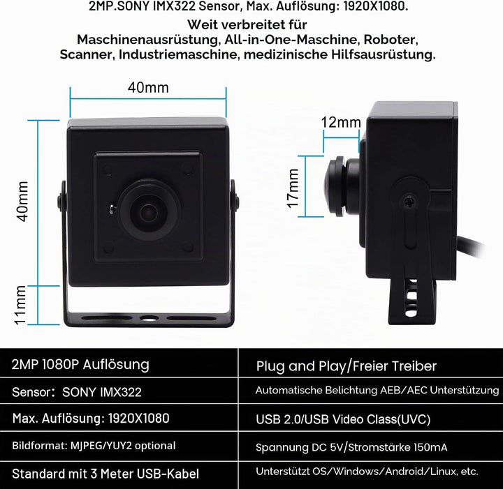 Svpro Min USB Kamera 1920x1080 HD USB Webcam 180 Grad Fisheye Webkamera 2MP mit IMX323 Sensor Schwac