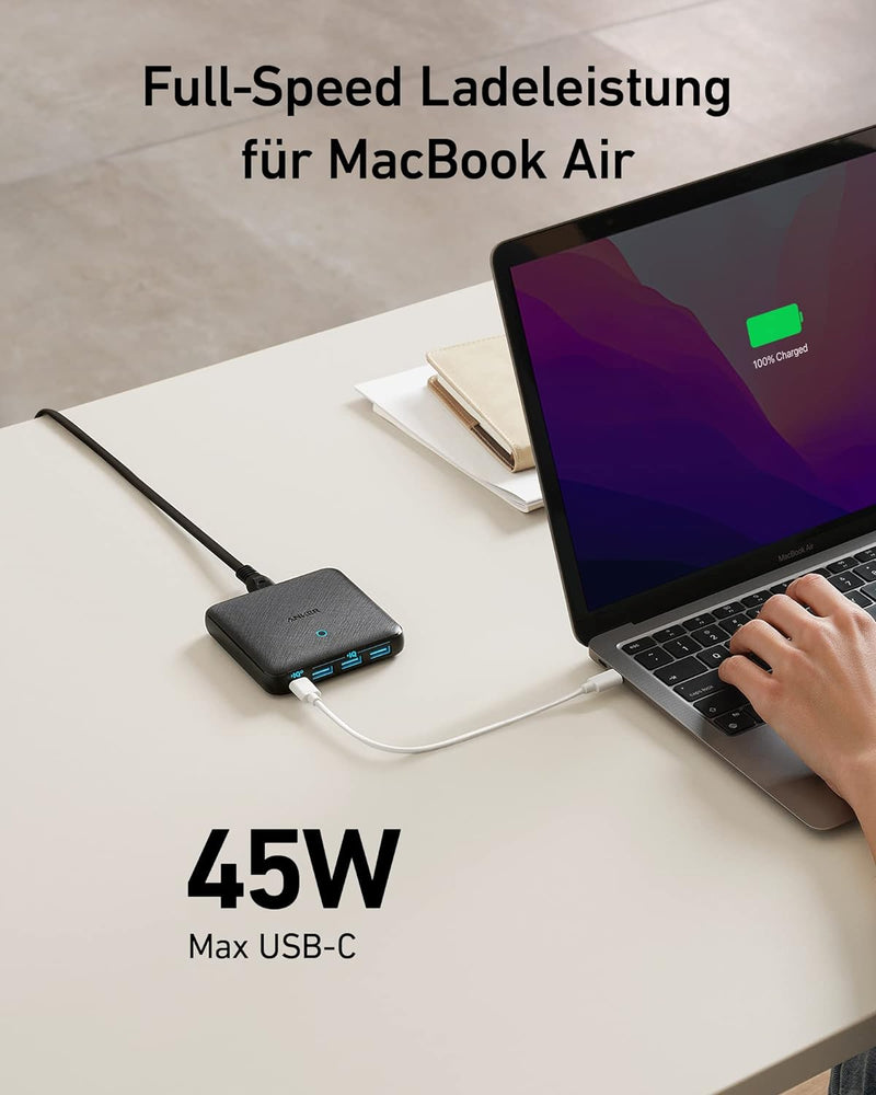 Anker PowerPort Atom III Slim USB C Ladegerät, 65W 4 Port PIQ 3.0 & GaN Netzteil mit 45W USB C Einga