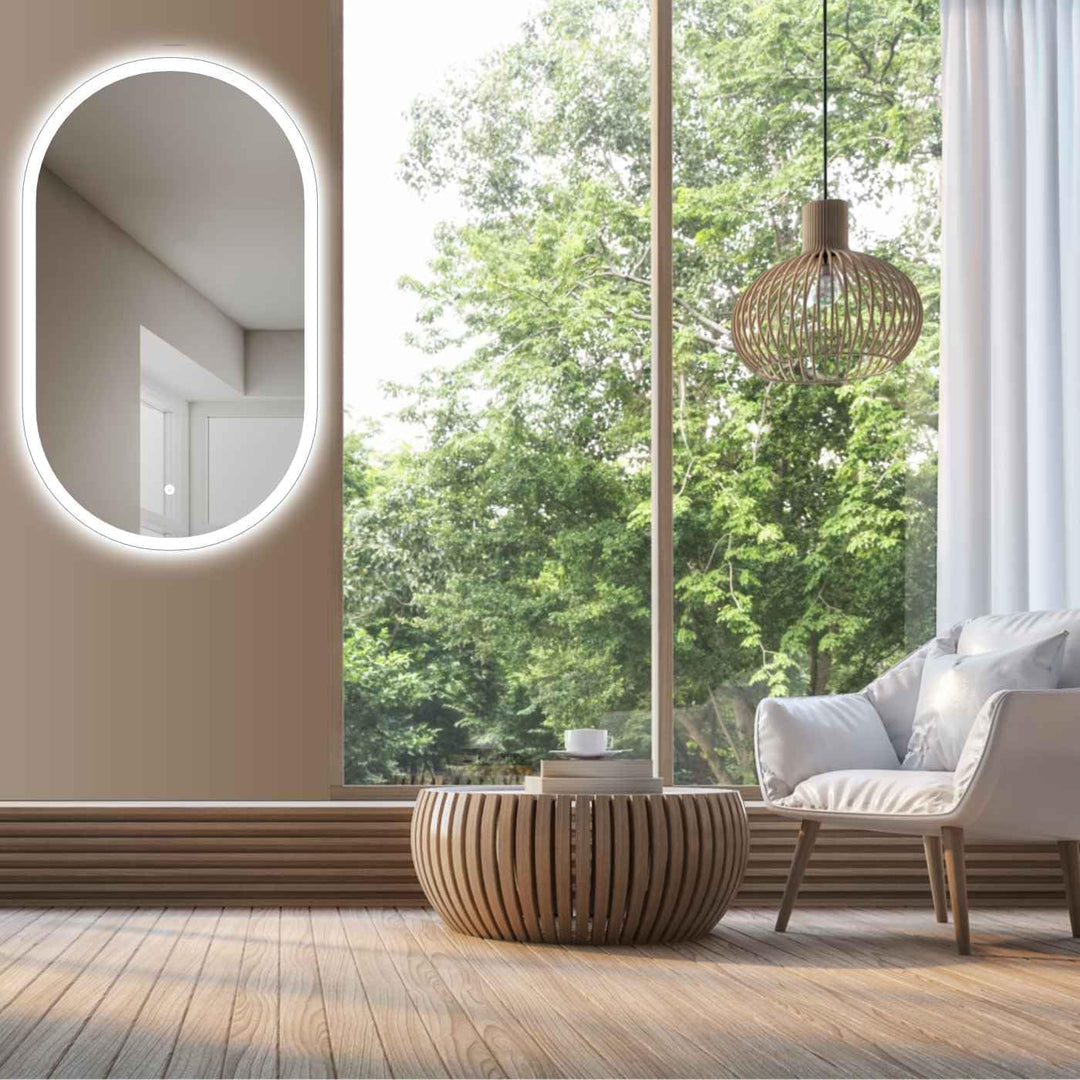 HOKO® LED Design Spiegel oval 45 x 75 cm. HOCH + QUER Montage möglich. Badspiegel LED beleuchtet, au