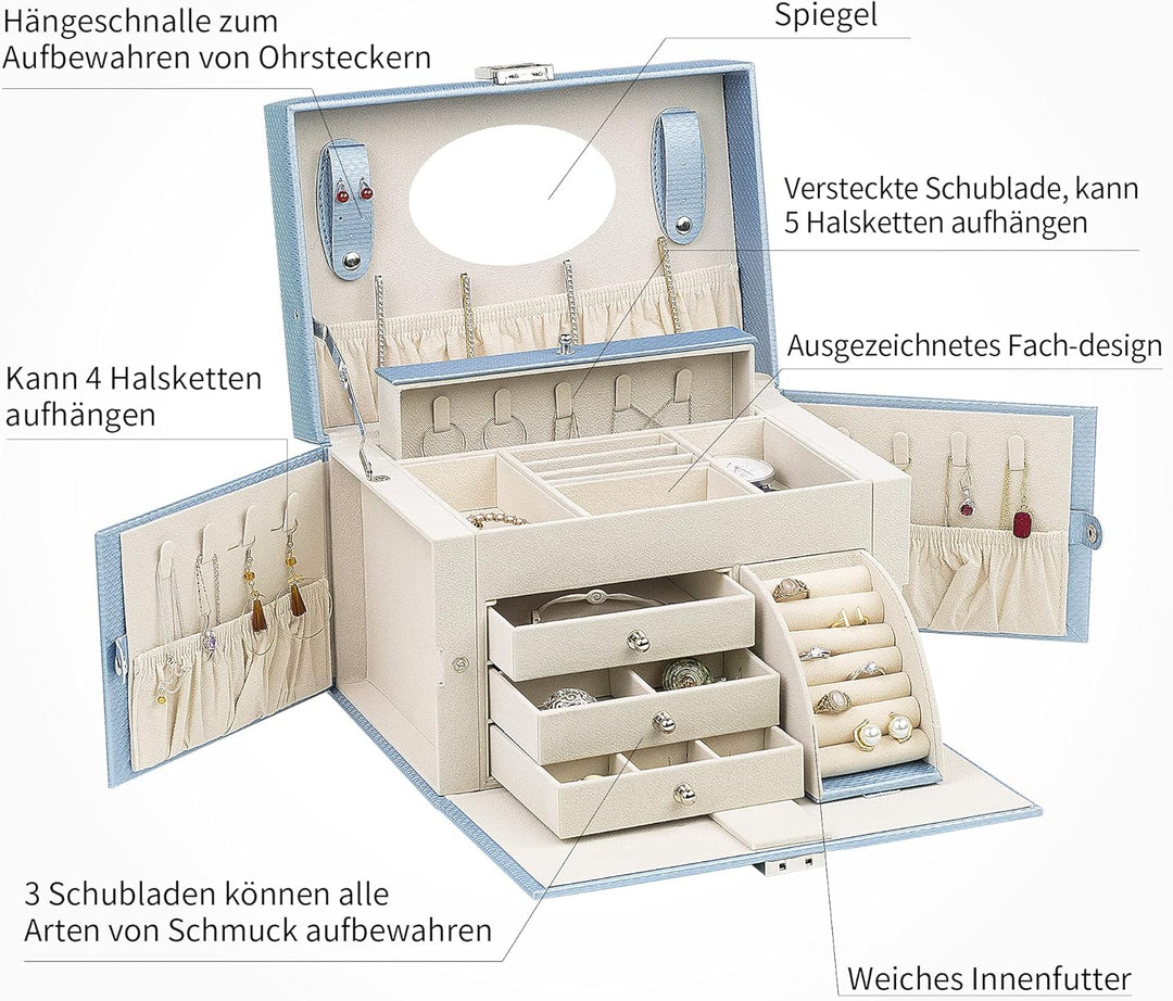 AdelDream Vierschichtige Juwelier-Box Ohrringe mit abschliessenden Anhängern Halsketten Spiegelfäche