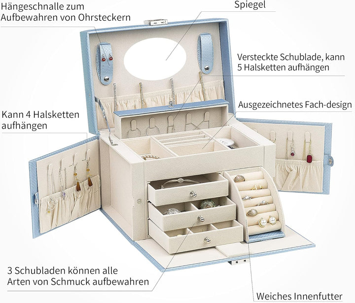 AdelDream Vierschichtige Juwelier-Box Ohrringe mit abschliessenden Anhängern Halsketten Spiegelfäche