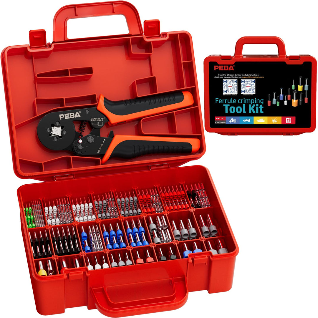 PEBA Vierkant Crimpzange Set mit 33 Grössen Aderendhülsen 0,25–10 mm² inkl. Twin Hülsen, selbstjusti