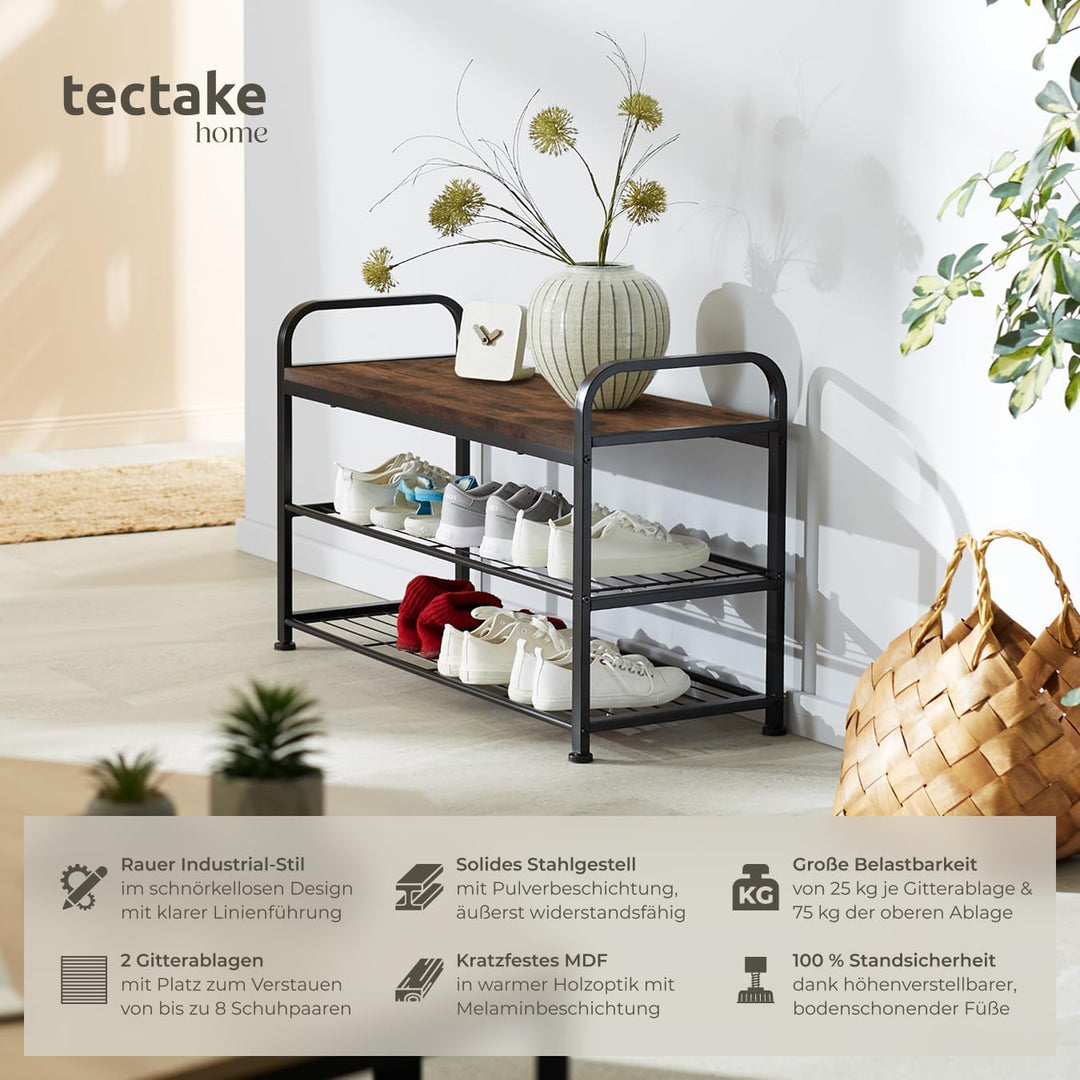 tectake® Schuhregal schmal mit Sitzfläche, Schuhbank 3 Ebenen, 2 Gitterablagen, Schuhregal platzspar