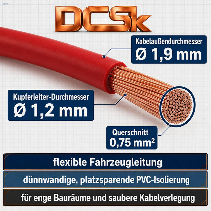 DCSk Fahrzeugleitung - 0,75mm² - 10m - Kfz Stromkabel Set FLRY B asymmetrisch Fahrzeugkabel Sortimen