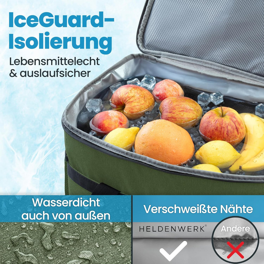 HELDENWERK Kühltasche gross faltbar – Kühlbox bis zu 12h Kühlleistung auslaufsicher &amp; wasserdicht –