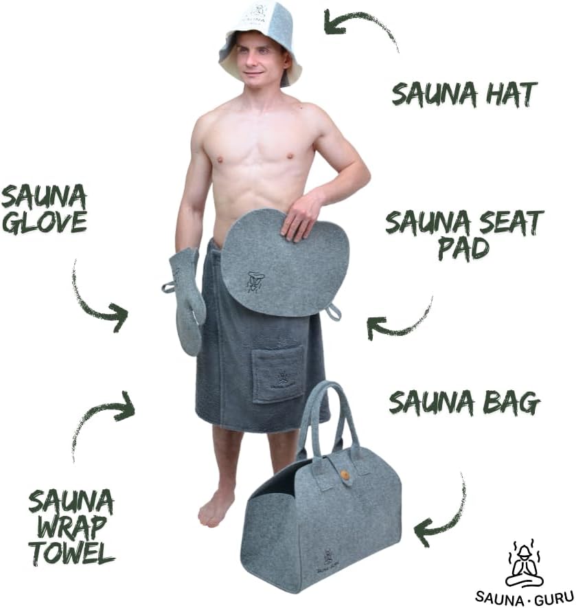 Sauna-Zubehör-Set – Woll-Banja-Hut, Kilt-Handtuch, Aufbewahrungstasche, Filzhandschuh &amp; Sitzkissen –