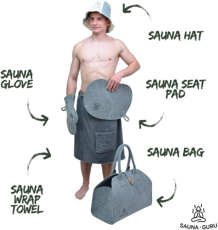 Sauna-Zubehör-Set – Woll-Banja-Hut, Kilt-Handtuch, Aufbewahrungstasche, Filzhandschuh &amp; Sitzkissen –