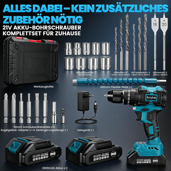 Akkuschrauber/Bohrmaschine Set 25+3 Kompatibel mit Makita 18V Akku, Enthalten 2 Akkus 2.0Ah &amp; Ladege