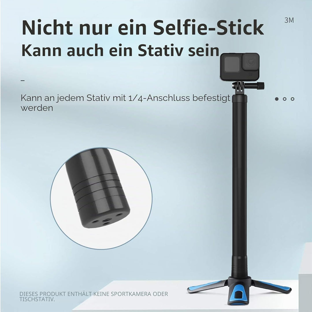 TELESIN Ultra Langer Extendable Carbon Selfie-Stick für GoPro Hero 10/9/8/7 Action 2，300 cm Lightwei