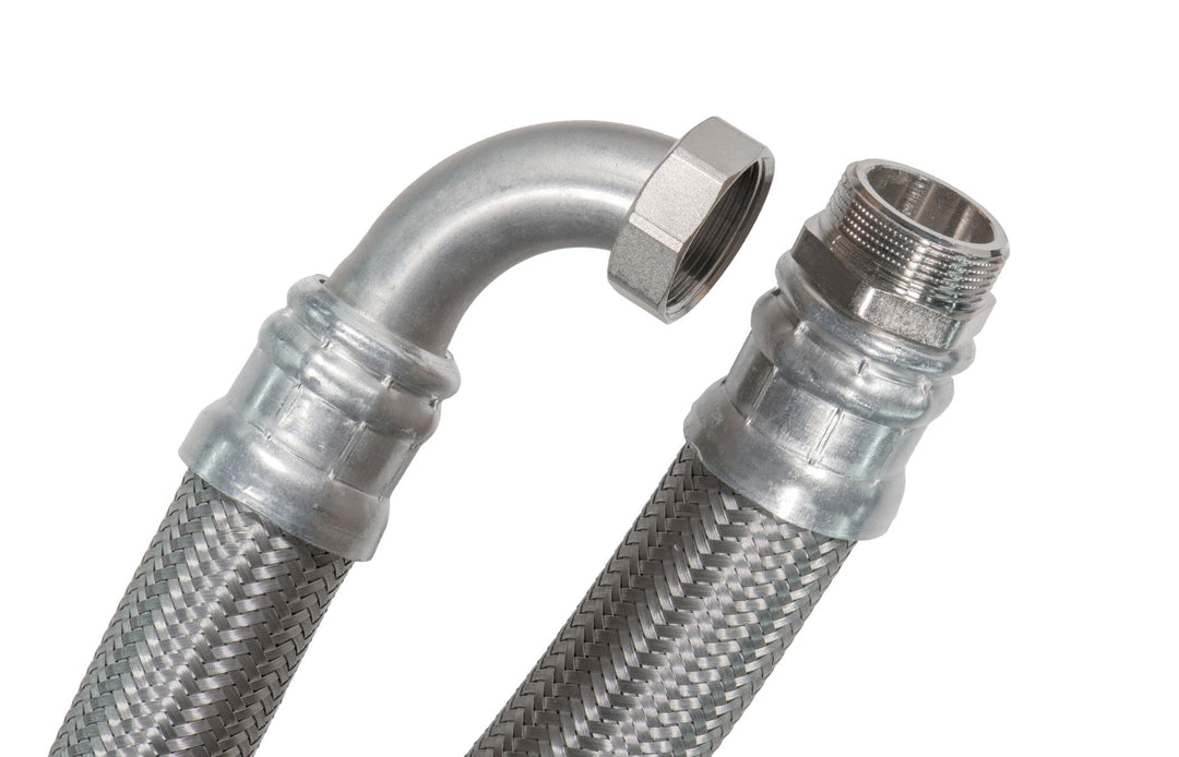 SFX® Panzerschlauch 50cm DN19-3/4 Zoll AG x 3/4 Zoll ÜM - 90 Grad Bogen - Trinkwasser Edelstahl Umfl