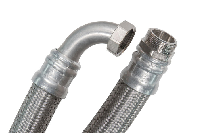 SFX® Panzerschlauch 50cm DN19-3/4 Zoll AG x 3/4 Zoll ÜM - 90 Grad Bogen - Trinkwasser Edelstahl Umfl