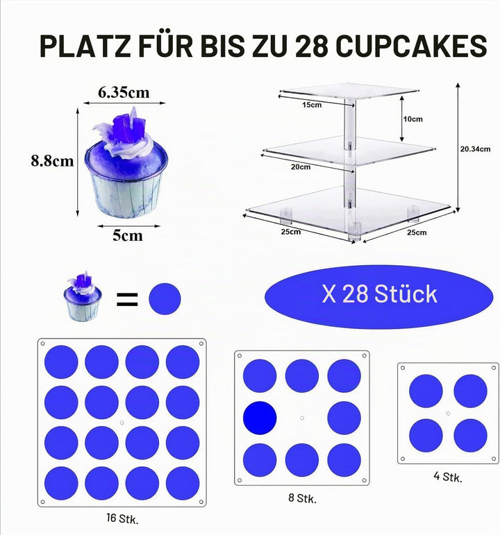 3 Etagen Cupcake Ständer, Blau LED Lichterkette de Tortenständer Acryl für Hochzeit, Party, Geburtst