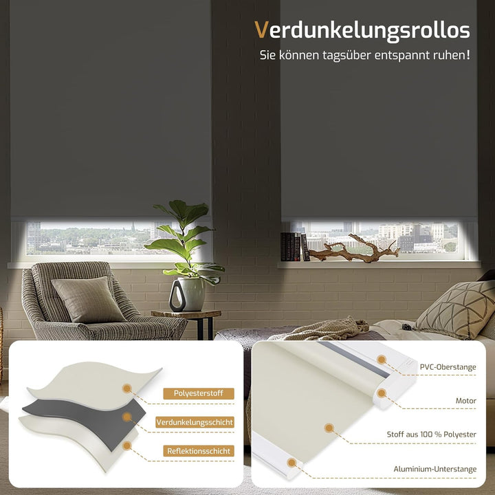 Grandekor Rollo Elektrisch 95x120cm Creme, Elektrisches Verdunklungsrollo Klemmfix ohne/mit Bohren,