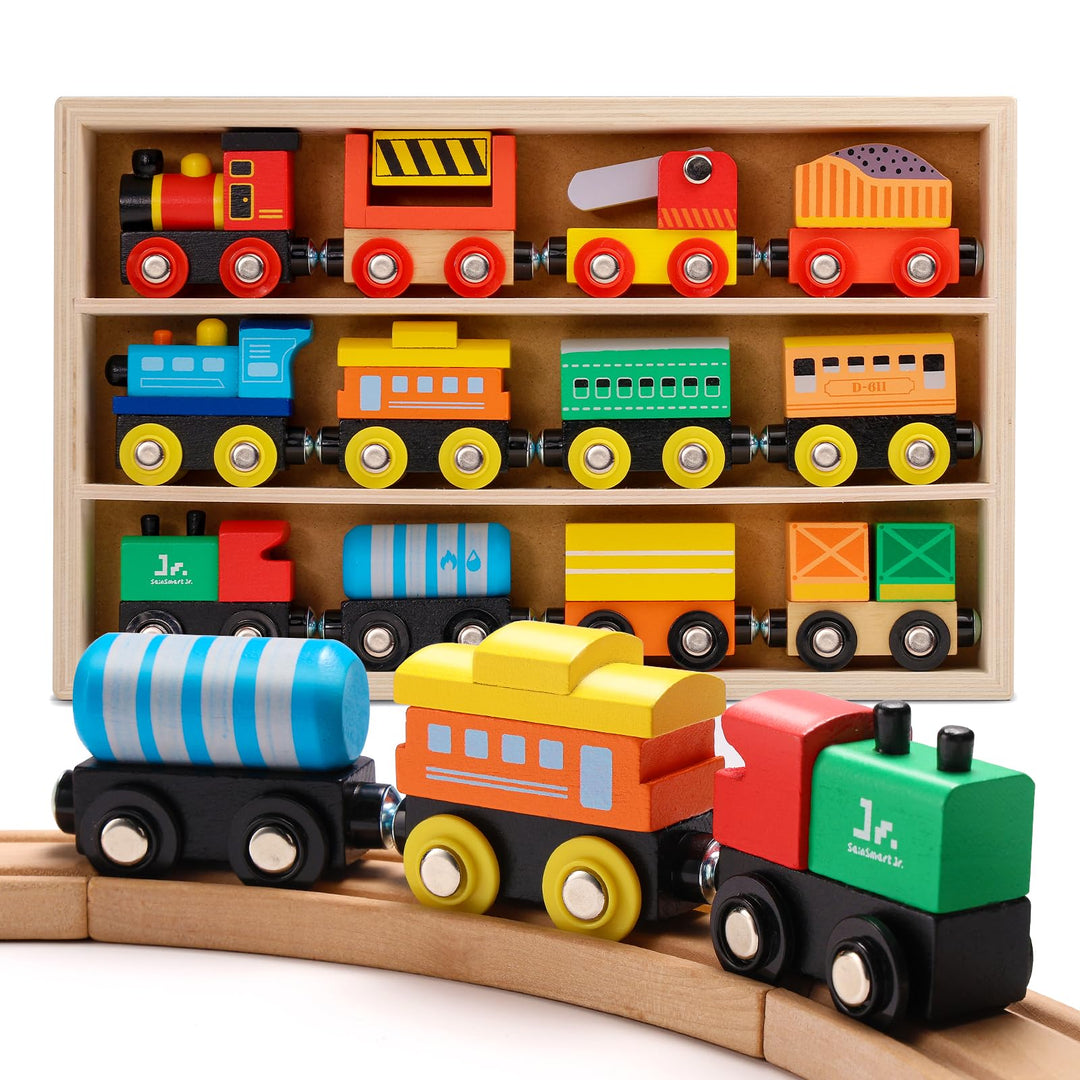 SainSmart Jr. Holz-Zugset, 12-teilig – Spielzeugzüge mit Aufbewahrungsbox, magnetische Holzzüge komp