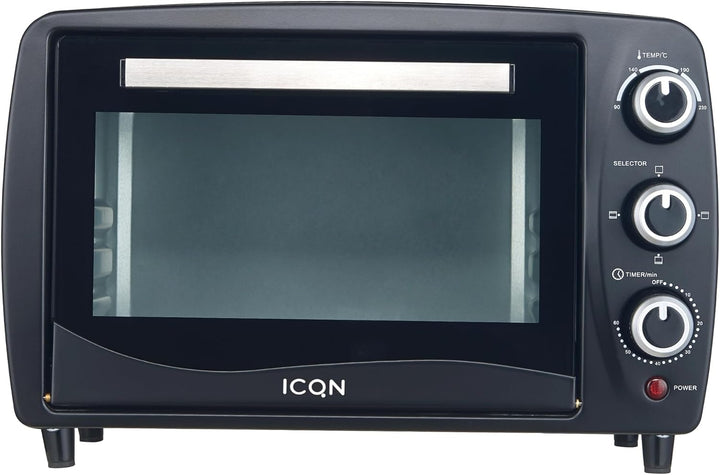 ICQN Kompakter Minibackofen 15 Liter, 1200W, 60 min-Timer, 3 Kochfuntionen, 90°-230°C, Kleiner Campi