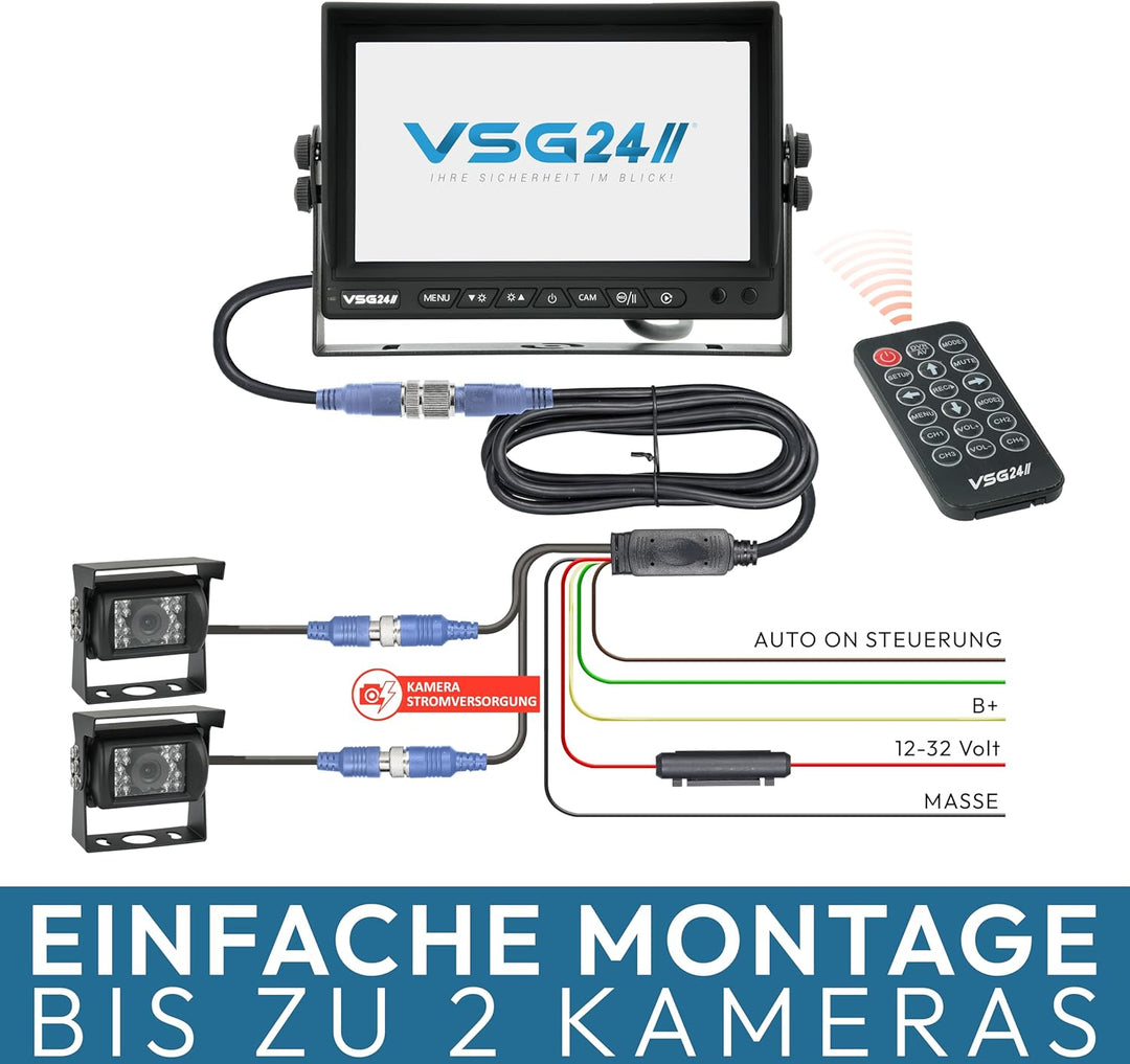 VSG24 Rückfahrkamera 7" HD Starter-Set inkl. Kamera, Monitor, Kabel - Wasserdicht Nachtsicht 12V-24V