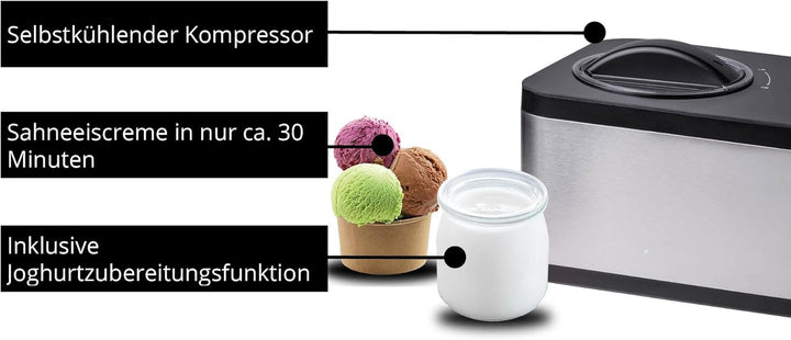 Unold 48826 Eismaschine & Joghurtbereiter EVA – Speiseeisbereiter mit Kompressor, Fassungsvermögen c
