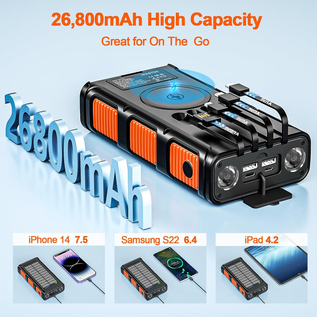 Wireless Solar Powerbank 26800mAh mit Handkurbel & 4 Kabeln, USB-C 15W Schnellladung Externer Akku 7