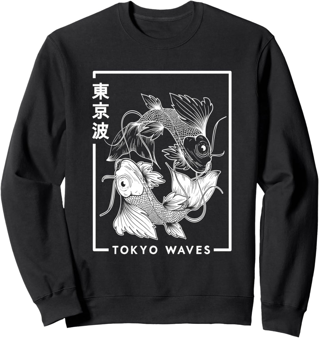 Japanischer Koi-Fisch, Weiss Schwarz gezeichnete minimalistische japanische Kunst Sweatshirt