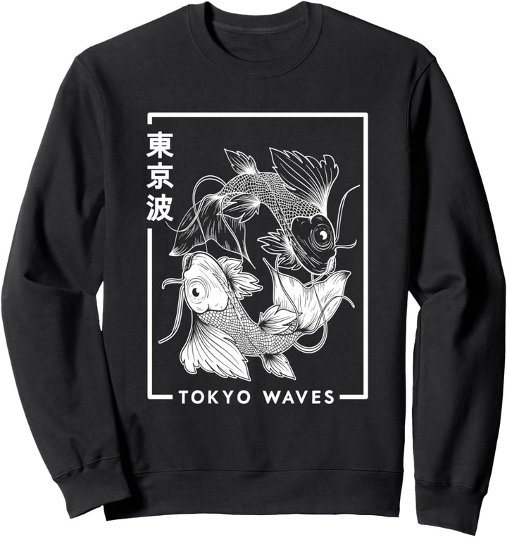 Japanischer Koi-Fisch, Weiss Schwarz gezeichnete minimalistische japanische Kunst Sweatshirt