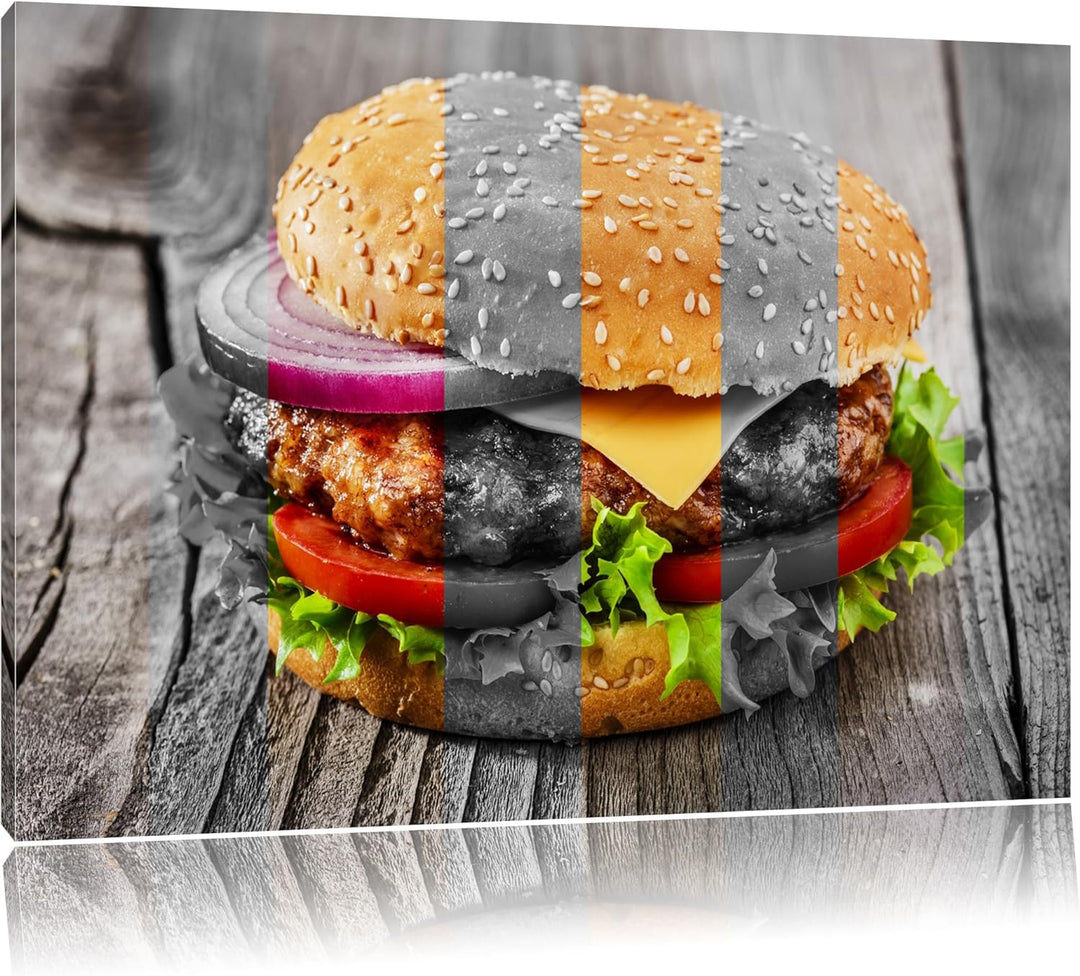 Saftiger Cheeseburger schwarz/weiss Format: 100x70 cm auf Leinwand, XXL riesige Bilder fertig gerahm
