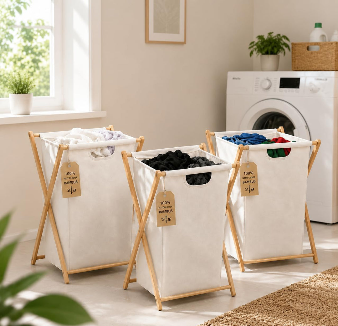 Zedelmaier 3er Faltbare Bambus-Wäschekörbe mit 66 Liter pro Stück | Einzelfach-Design,Badezimmer, Sc