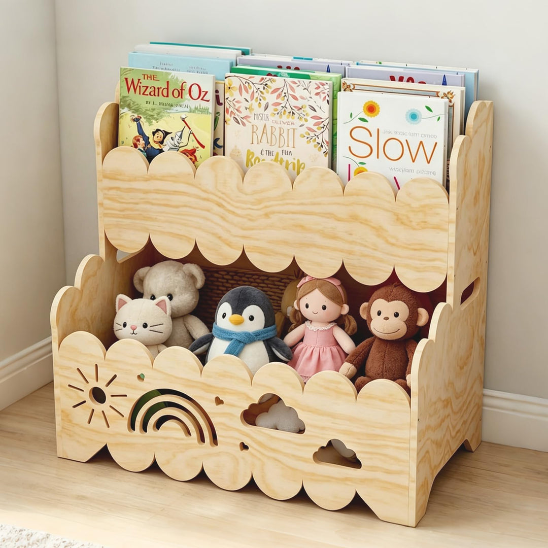 Kinder Bücherregal Holz, 2-Stöckiges Kinderbücherregal Montessori-Bücherregal Bücherkiste Kinder Wol