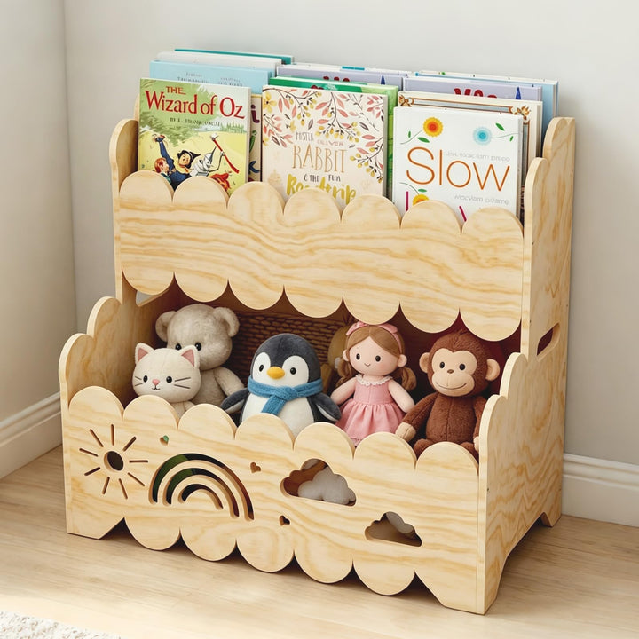 Kinder Bücherregal Holz, 2-Stöckiges Kinderbücherregal Montessori-Bücherregal Bücherkiste Kinder Wol