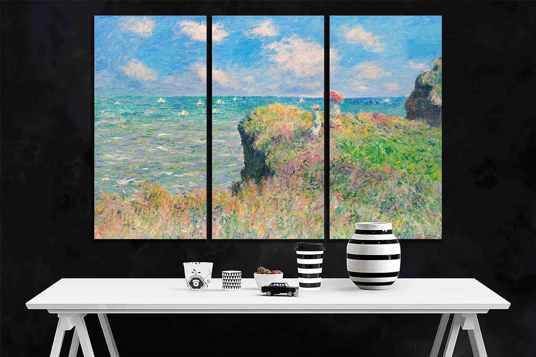 Kunstdruck auf Leinwand, gerahmt, Motiv "The Cliff Walk at Pourville", 50 x 25 cm, 3 Stück 50 x 25cm