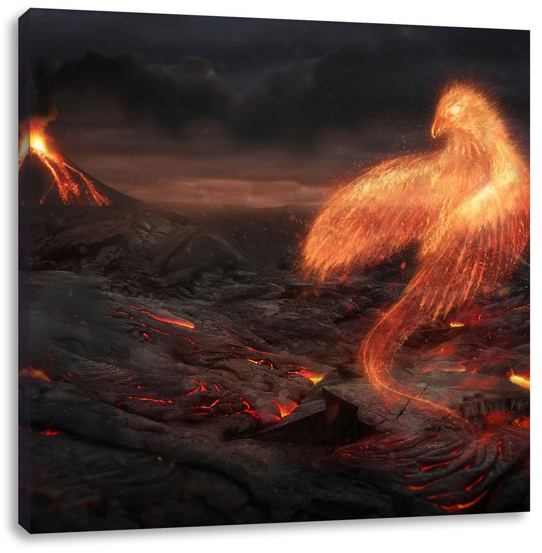 Pixxprint Brennender Phönix Vulkanlandschaft, Format: 70x70 auf Leinwand, 70x70