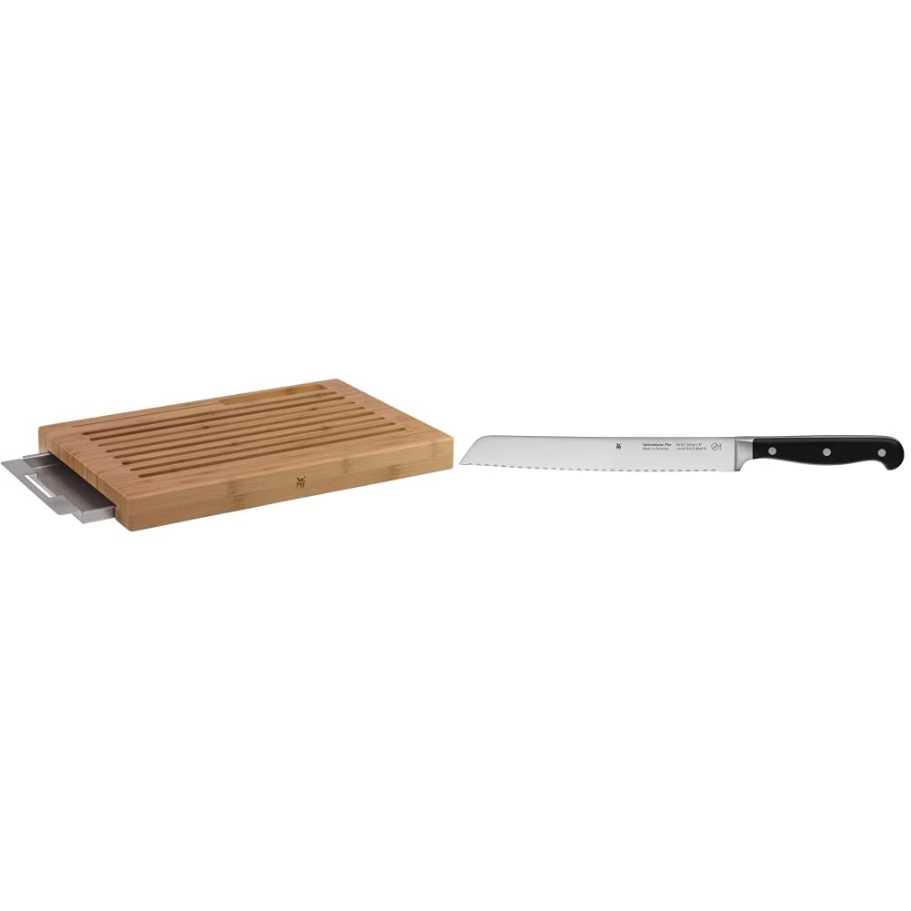 WMF Brot-Schneidebrett mit Krümmelschale &amp; Spitzenklasse Plus Brotmesser Doppelwellenschliff 31,5 cm